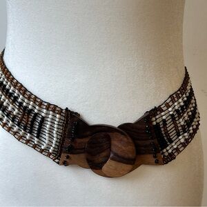 VTG Tribal Boho Beaded Belt wood buckle Axtec Brown Artisan Women’s 2X/3X